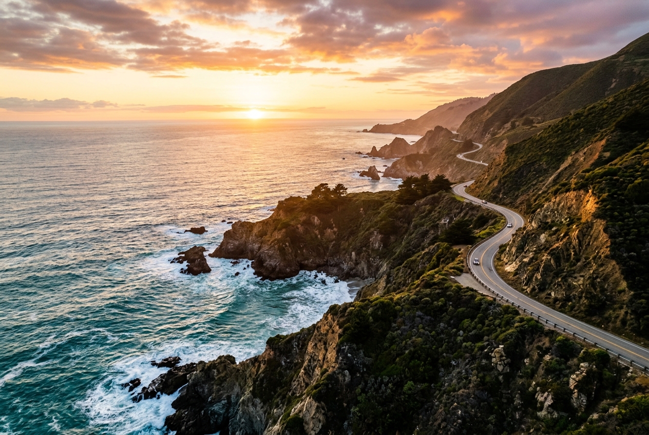 Aerial drone view of a winding coastal highway along rocky cliffs during sunset