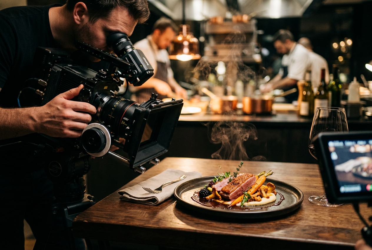 Cinematic presentation of a gourmet dinner dish in a restaurant setting