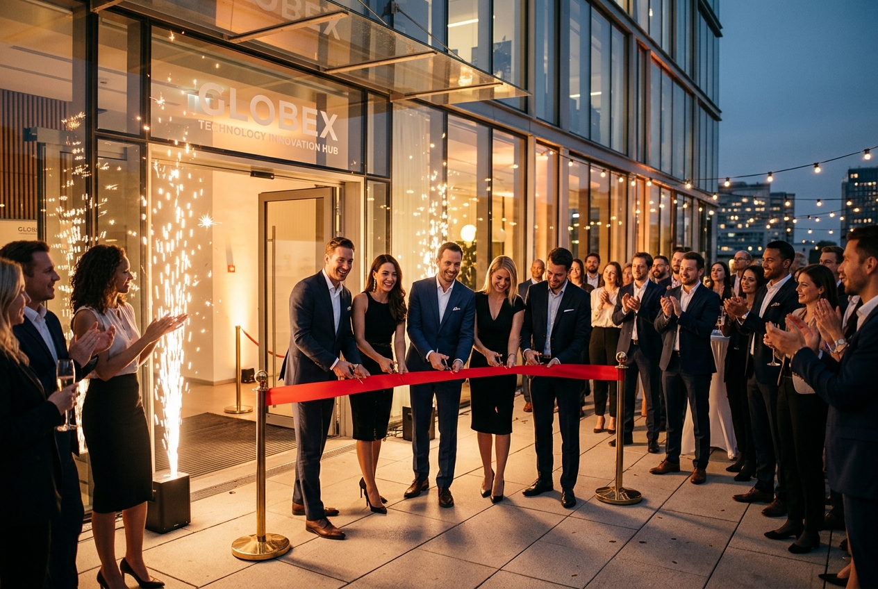 Grand opening ceremony with guests applauding and sparklers lighting up the entrance